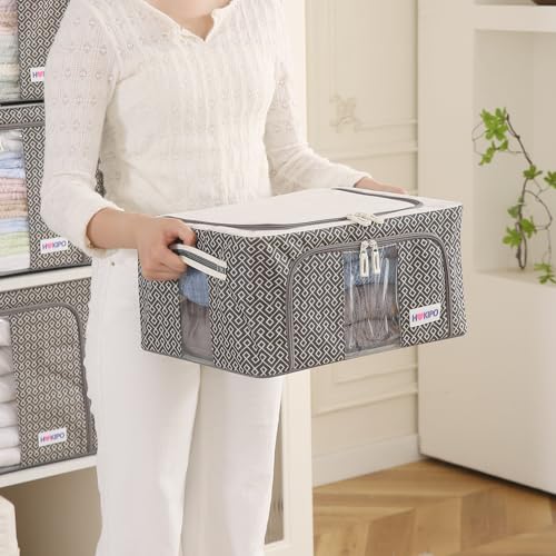 Image of HOKIPO Wardrobe Organizer Storage Box | Foldable Cloth Storage Boxes with Metal Frame & Window | 600D Oxford Fabric | 24L, Pack of 2 Charcoal Grey (AR-5927-CGRY*2)