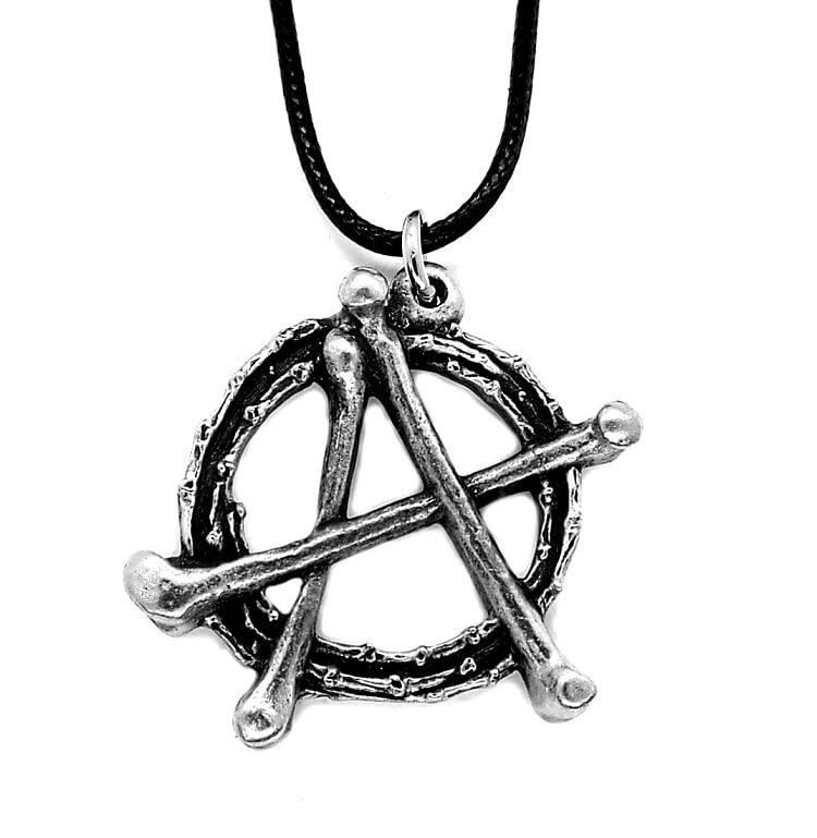 DH PewterAnarchy Pendant Necklace in a grey burlap pouch.