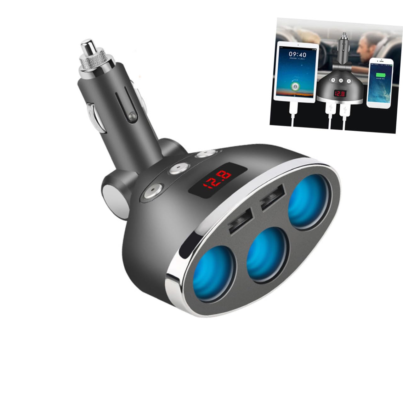 Prise Allume-Cigare de Voiture 1 à 3 Prises USB Double 120w