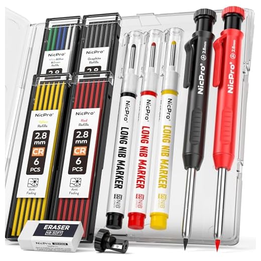 Nicpro 2 Pack CP1000 Carpenter Pencil with Sharpener, Mechanical Carpenter Pencils with 26 Refills, Deep Hole Long Nib Marker Pens for Construction, Heavy Duty Woodworking Pencil for Architect Marking