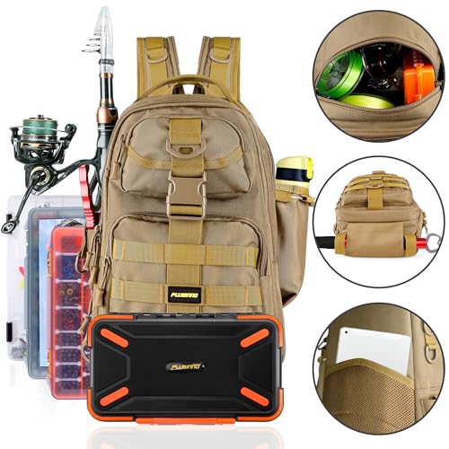 Image of PLUSINNO Fishing Backpack Tackle Bag, Water-Resistant Backpack with Rod Holder, Ideal Gifts for Men