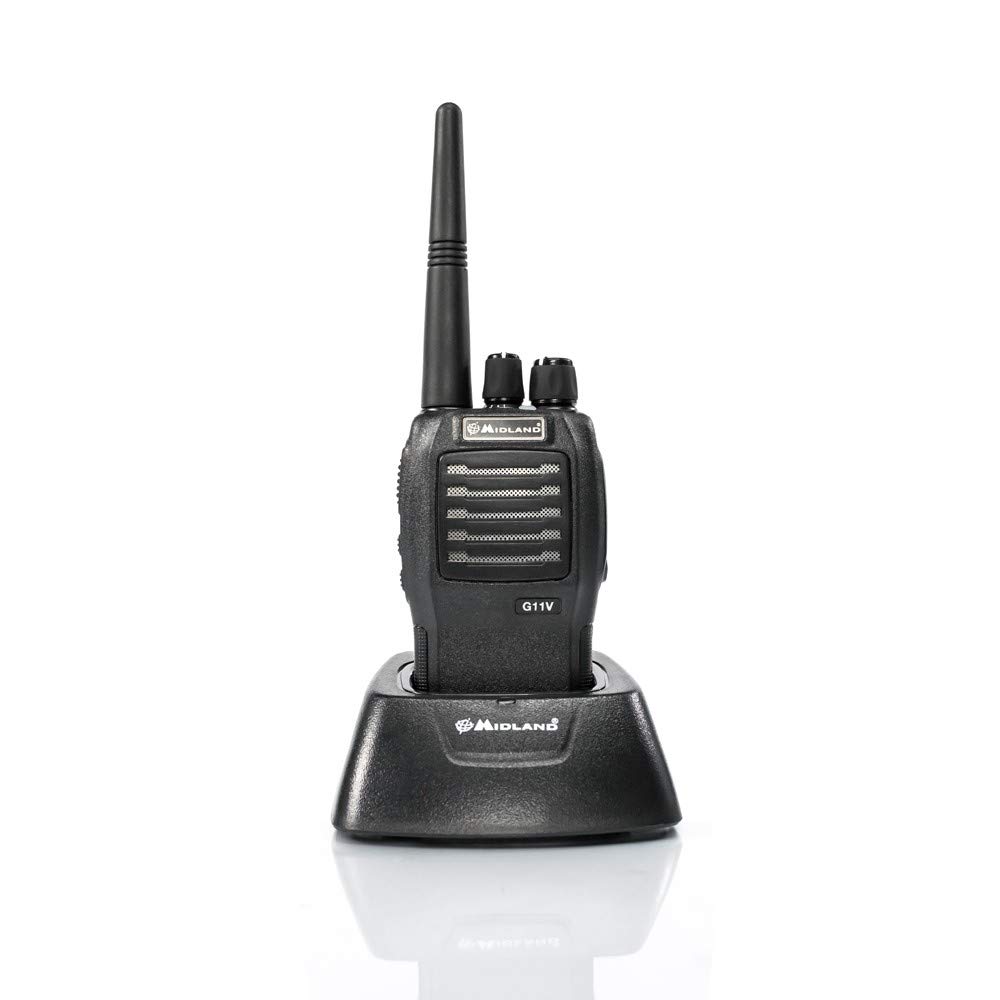 Midland G11V Radio Ricetrasmittente Walkie Talkie con Banda Pmr446 - 1 Ricetrasmettitore, Pacco Batteria Ricaricabile, Caricabatterie con Adattatore da Muro e Aggancio Cintura, Audio Chiaro e Potente, Nero