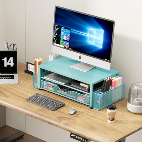 Image of OPNICE Desk Organizer and Accessories, 2-Tier Computer Monitor Stand Riser with Drawer and 2 Pen Holders, Laptop Stand, Office Desk Accessories for Office Supplies, 1 Pack, Teal Blue