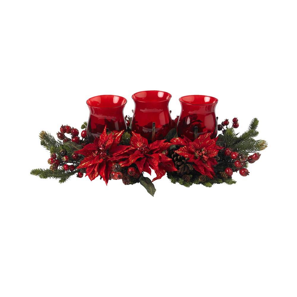NearlyNatural 4914 Mini Poinsettia & Berry Triple Candelabrum