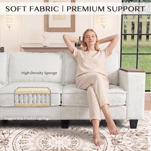 Image of 126 inch L Shaped Sectional Couch, Comfy Chenille Sectional Couch, Modular Convertible V Shaped Couch, 5 Seat Corner Sofa with 2 Pillows & Storage Armrests for Living Room, Beige