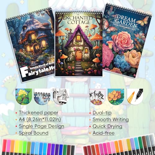 Image of 3Pcs Adult Coloring Book for Women Relaxation, 36 Colors Markers with Spiral Bound Adult Coloring Book for Women, 36 Dual Tip Colors Markers, Anxiety Relief Mindfulness Gifts(Cottage & Garden & House)
