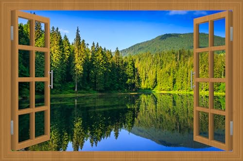 WRIGAEL Fake Window for Walls Faux Window Decal Windows Poster Picture Open Window Wall Art Decor, Stick and Peel Wallpaper Nature Wall Decol Forest Lake Scene Mural, 24