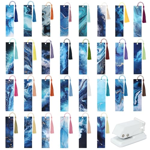 30 Stück Lesezeichen Papier, Bookmark in Ozean Thema mit Bunten Quasten und Locher, Blanko zum Beschriften und Selbst Gestalten, Füllung Geschenke für Freunde Lehrer Buchliebhaber