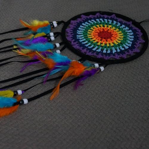 Colorful Dream Catchers, Handmade Feather Native American Circular Net for Kids Boys Girls Bedroom Wall Hanging Decoration Decor Nursery Wall Art Ornament Craft (DC02 Black Rainbow Crochet) - Image 6