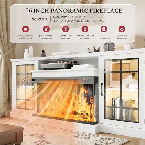 Image of MXV 70'' Fireplace TV Stand, Farmhouse Entertainment Center with 3 Sided Glass TV Stand, Modern Media Console Table with Storage Drawers & Cabinets with LED Flame and Lights for Living Room, White