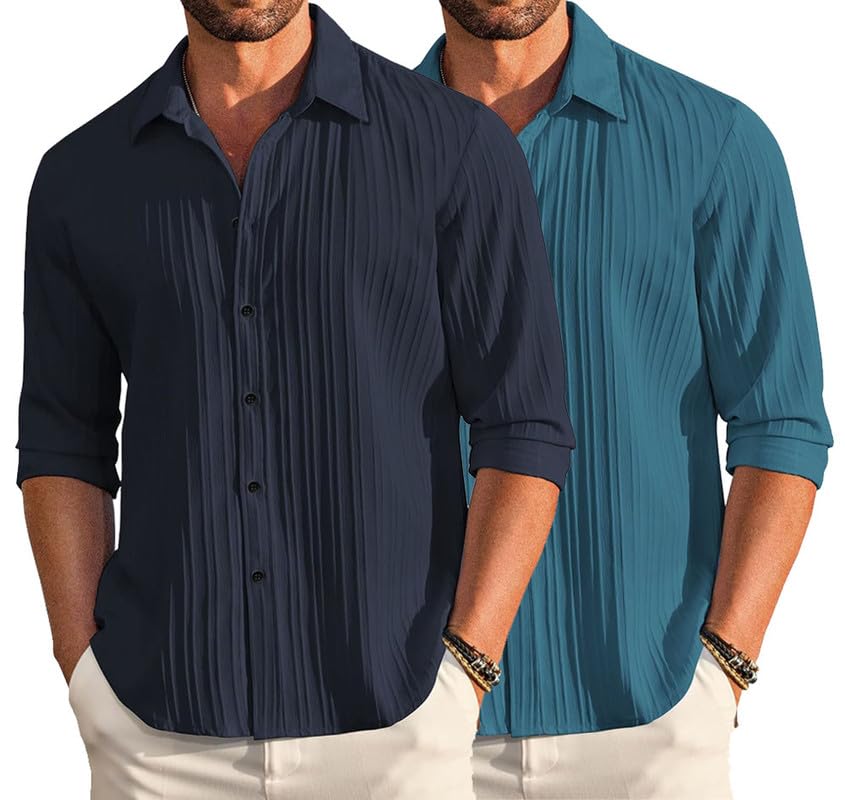 Image of DEELMO Combo of Men's Casual Button Down Shirts Long Sleeve Linen Shirt Fashion Textured Summer Shirts Pack of 2