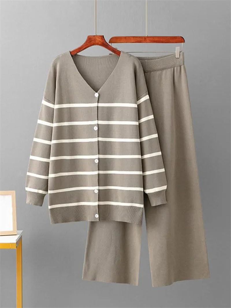 Sweter damski w paski z dekoltem w serek, bluzka z wysokim stanem, spodnie dresowe z dzianiny, 2-częściowy komplet (khaki, rozmiar L)