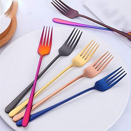 Forks 8 Colors of Stainless Steel Fork Set Colorful Dessert Fork Long Handle Golden Blue Fork Set Hotel Party (Color : F) (H)