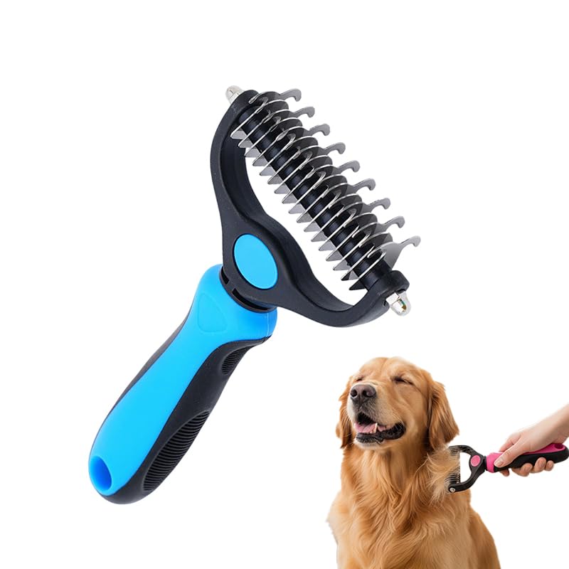 Pet Grooming Tool, Double Sided Deshedding Brush Dematting Rake, Stainless Steel Grooming Comb for Dogs & Cats, Undercoat Rake for Removing Loose Fur, Tangles and Knots (Blue-L, 1 Pack)
