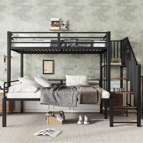 KOMHTOM Lit Superposé 90/120x200cm - Lit 2 Places en Métal avec Échelle et Rangement, Sommier à Lattes en Fer, Cadre de Lit Moderne pour Chambre (Noir-D)