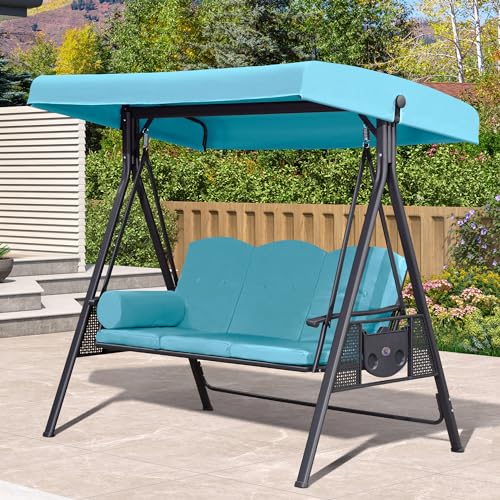 Image of PURPLE LEAF 3-Seat Outdoor Patio Porch Swing with Adjustable Tilt Canopy, Cushions and Pillow Included, Turquoise Blue