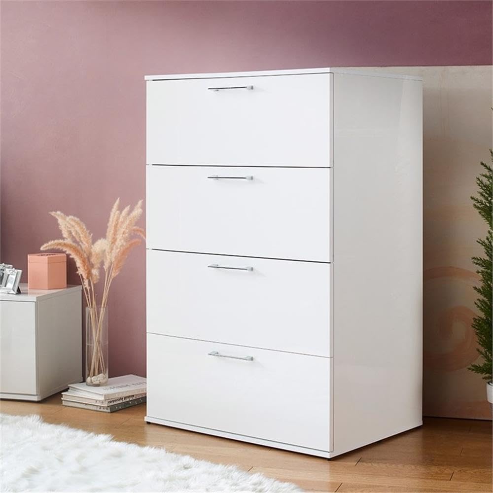 Pemberly Row Glossy 4-Drawer Engineered Wood Jumbo Chest, White Finish, 48.4" H x 31.4" W x 22.4" D, Extra Deep Storage, Scratch Resistant, Modern Bedroom Organizer with Full Extension Drawer Slides