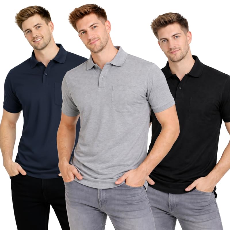 Polo Neck T-Shirt Pack of 3 for Men & Boys | Half Sleeve Collar Tee with Pocket | Premium Spun Matty Fabric | Casual & Office Wear | Sizes M to 2XL | FX_PO3_MCR_Gry_BLK-image-48