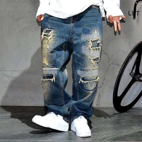 Men’S Streetwear Straight Baggy Denim Cargo Pants Midweight Distressed Fashion Trousers Full Length Jeans2