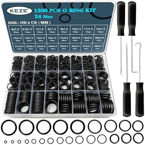 KEZE 1200-teiliges Sortiment mit 24 verschiedenen Universal-Gummi-O-Ringen und 4-teiligem Präzisions-Pick- und Haken-Set für Autowasserhähne Außendurchmesser: 6 mm bis 28 mm O-Ring