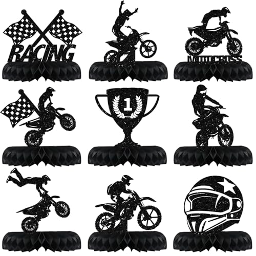 9 Pcs Dirt Bike Party Decorations Motorcycle Birthday Honeycomb Table Centerpiece Glitter Black...