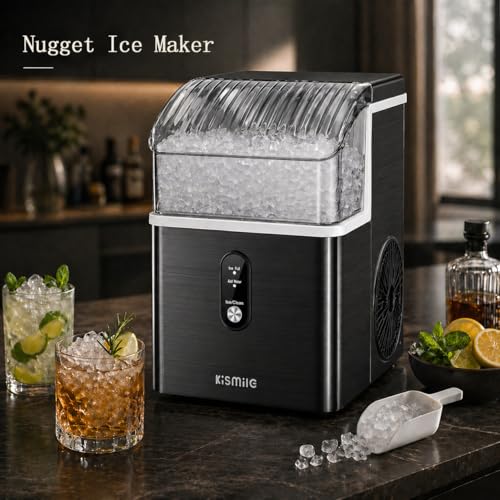 Image of Kismile Nugget Ice Maker Countertop, Sonic Ice Maker with 35Lbs /24H, First Ice in 7 Mins, 1.2L Water Tank, Ice Basket Holds 2.2Lbs, Self-Cleaning Pebble Ice Machine for Home Kitchen Office Bar(Black)