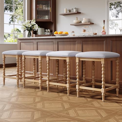 Butacos de altura para barra Merax, juego de 4 unidades, 26 pulgadas, con cojín acolchado, sin respaldo, estructura de madera sólida de acacia, para isla de cocina y comedor, color natural miniatura 1