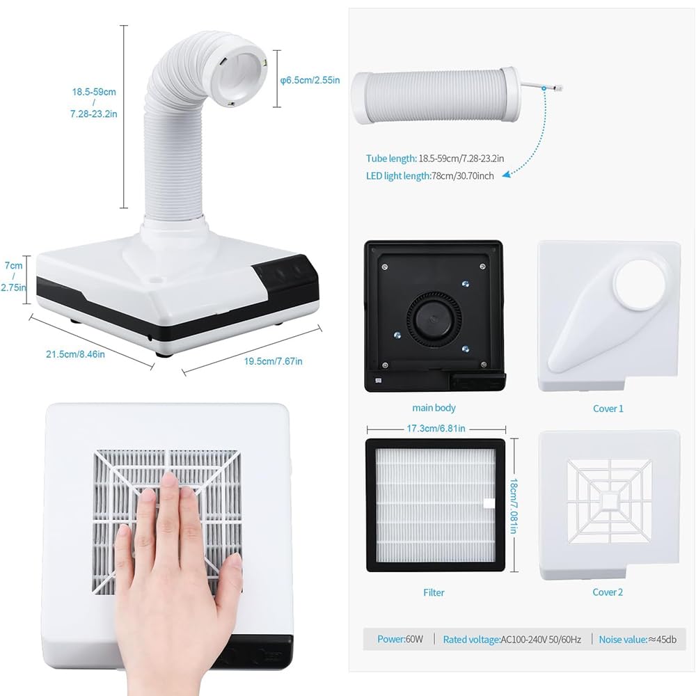 Colector de polvo de uñas, aspiradora de 60 W con 3 luces LED, filtro extraíble, 2 modos de succión, conducto de 360°, para salones, laboratorio, hogar