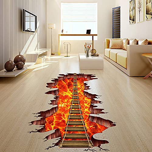 Superduo 3D Broken Wall Flame Bridge Home Room Floor Decor Volcano Rope Bridge Art Floor Decals Floor Flame & Lava Mountain Bridge Wallpaper Wall Stickers For Teen Kids Living Room Decor #TOP5