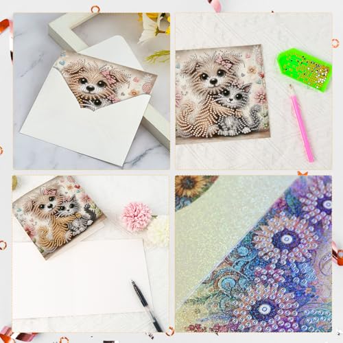 Image of 6 Pcs 5D Diamond Painting Greeting Cards Kits, Handmade Festival Greeting Cards with Envelopes DIY Diamond Art Crafts Birthday Cards Laser Effect for Birthdays Holidays Celebrations (Cat Dog Cuddling)