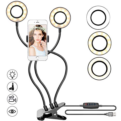 Black Friday - 70% OFF Selfie Ring Light, BicycleStore Dimmable LED Make Up Lights 360° Adjustable USB Double Dual Ring Light Photography with Cell Phone Holder Stand for Video Live Streaming, Smartphone Selfie, Makeup