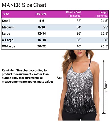 Maner Women’s Sequin Tops Glitter Party Strappy Tank Top Sparkle Cami (S/Us 4-6, Silver/Gray/Black) #TOP3