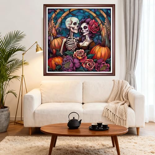 Image of DMCVIVR Stamped Cross Stitch Kits for Beginners Adults Needlepoint Kits for Beginners Embroidery Kits for Adults Crossstitch Kit for Beginners 11CT-Skeleton Couple 18x18 inch