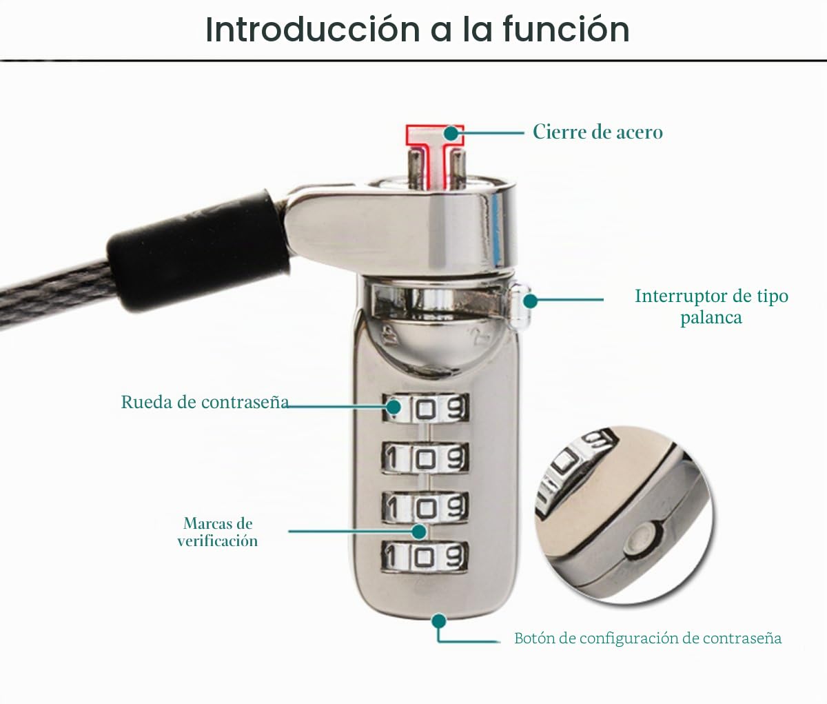 Cable de Seguridad con Cerradura de Combinación para Ordenador portátil, Ordenador, Monitor LCD, 2 m de Cable Negro (Bloqueo del Ordenador + Bloqueo Redondo)