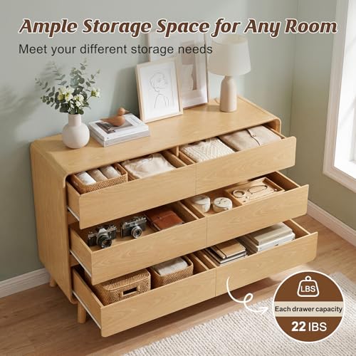 Image of Nasonet 6 Drawer Dresser for Bedroom, 47'' Wide Mid Century Modern Dressers & Chests of Drawers, Wood Storage Drawer Dressers for Hallway, Home Office, Oak