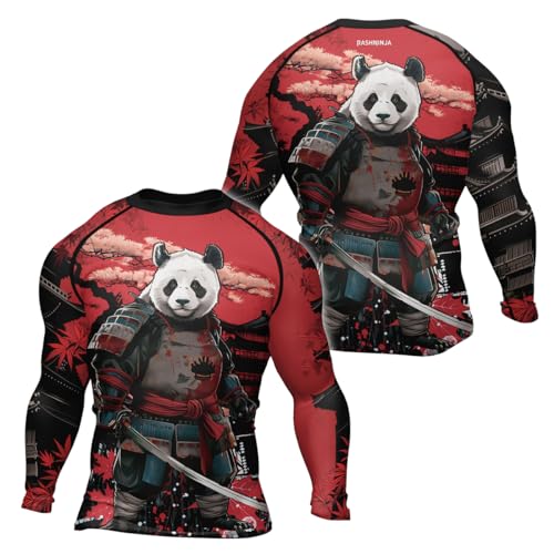 Panda Samurai Men’s Long Sleeve Rashguard Compression Fightwear Tops for BJJ MMA Wrestling Training Jiu Jitsu