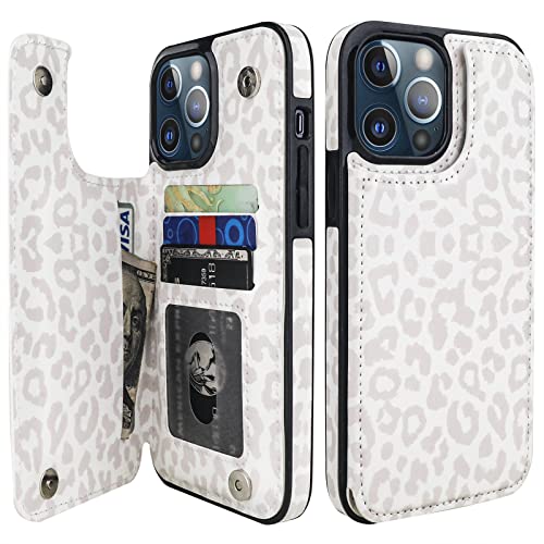 Image of HAOPINSH for iPhone 13 Pro Max Wallet Case with Card Holder, White Leopard Cheetah Pattern Back Flip Folio PU Leather Kickstand Card Slots Case for Women Girls, Double Magnetic Shockproof 6.7 inch