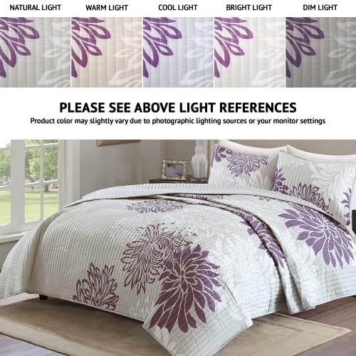 Comfort Spaces Cs14-0066 Enya 3 Piece Quilt Coverlet Bedspread Ultra Soft Floral Printed Pattern Bedding Set, King, Purple-Grey #TOP1