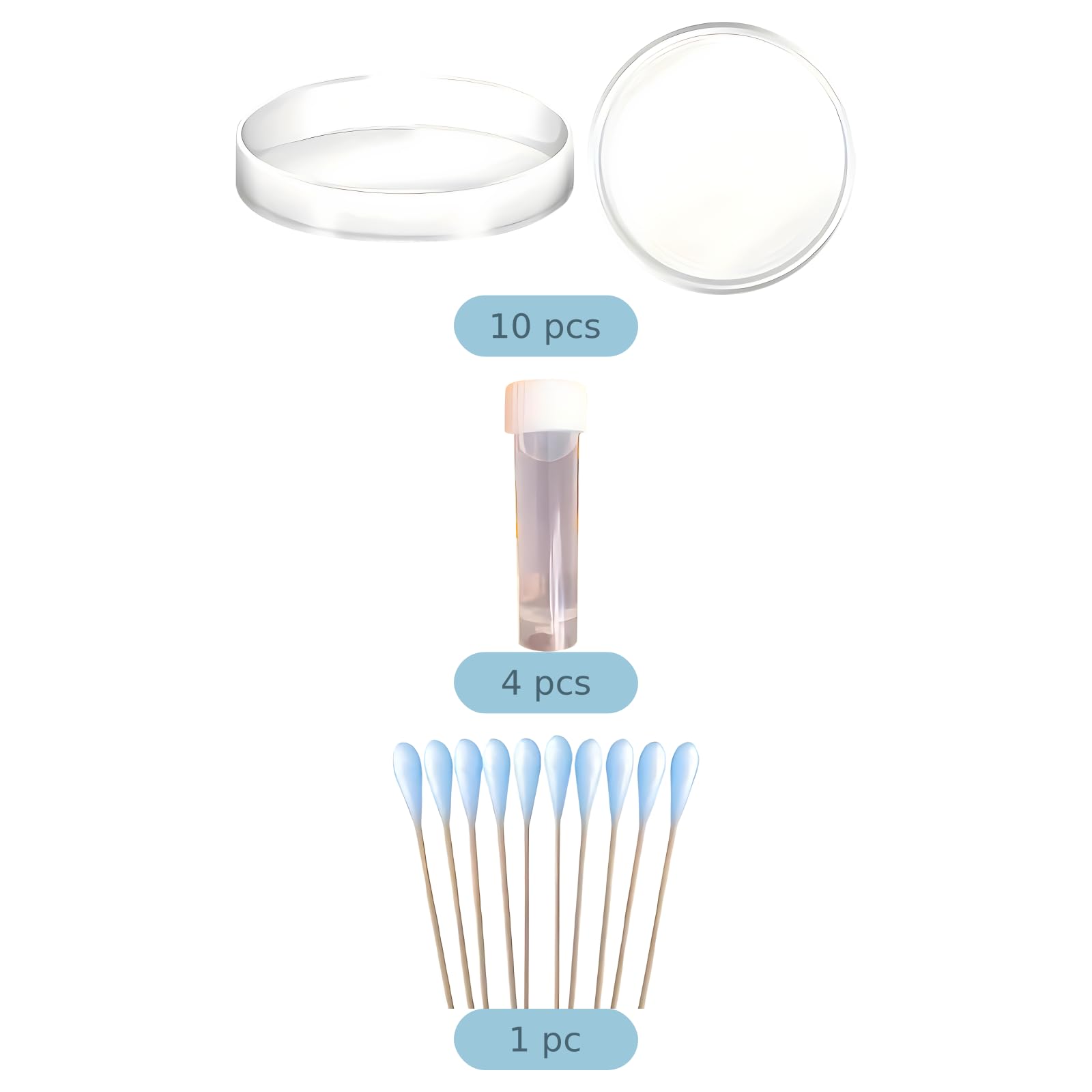 Lot de 10 boîtes de Pétri en plastique transparent, 9 x 9 x 1,5 cm, avec couvercles, 10 écouvillons, 10 compte-gouttes, 4 tubes à essai, jetables pour projets scolaires et kit d’essai à domicile