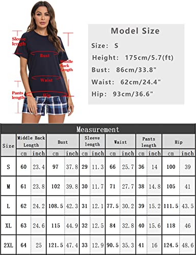 Uniexcosm-Pyjama-Femme-Coton-Court-Ensembles-de-Femme-Ete-Carreaux-Col-Rond-Manches-Courtes-Pyjama-pour-Femme-Short-avec-Poches-Laterales