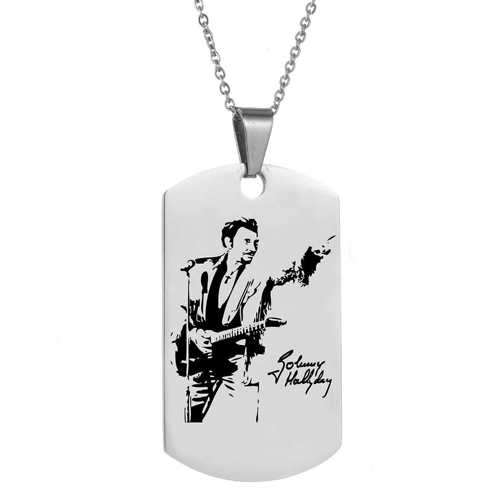 Johnny Hallyday Pendentif Collier Chaîne en Acier Inoxydable Bijoux Homme Cadeaux Souvenir Fan, Emballage de boîte Cadeau