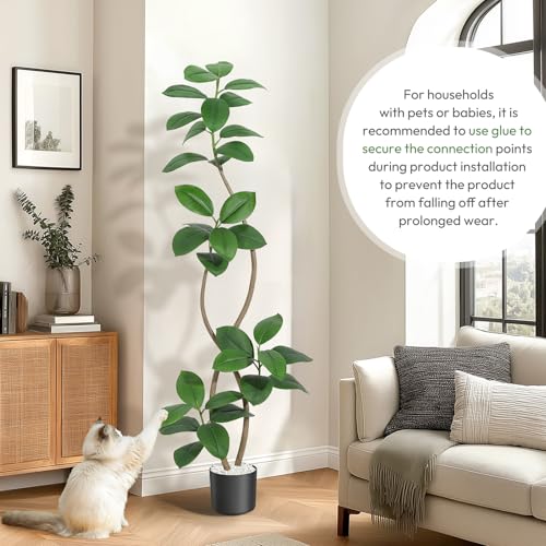 GarveeHome 6FT Artificial Plants Rubber Tree with Black Resin Pot& White Stone Faux Fiddle Leaf Fig Tree Indoor Artificial Trees Tall Plant Fake Tree Tropical Large Floor Tree Real Touch for Home Deco