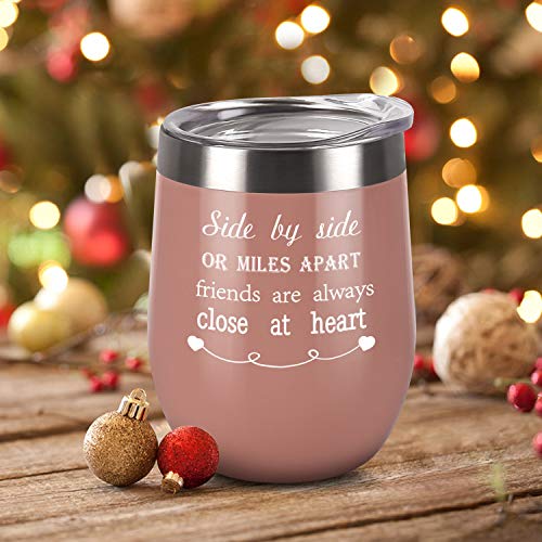 Side By Side or Miles Apart Friends Are Always Close at Heart Wine Tumbler with Lid and Straw, 12 Oz Stainless Steel Insulated Wine Tumbler Idea for Friends Girlfriend Coworker, Blush Gold - Thumbnail 5