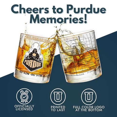 Image of Greenline Goods - University of Purdue Boilermakers College Whiskey Glasses (Set of 2), 10 oz - Full-Color Logo + Campus Map