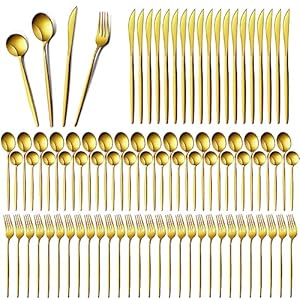 200 Pcs Gold Silverware Set with Knives Spoons and Forks Portable Stainless Steel Flatware Set Reusable Gold Utensils Set Dishwasher Safe Gold Cutlery Set for Kitchen Restaurant Service for 50