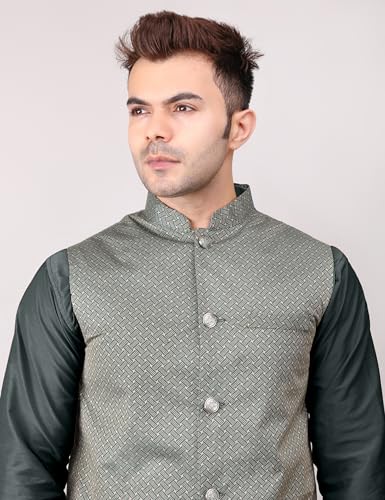 Image of Men's Cotton Silk Blend Regular Kurta Pyjama, Embroidered Nehru Jacket /Waistcoat Set