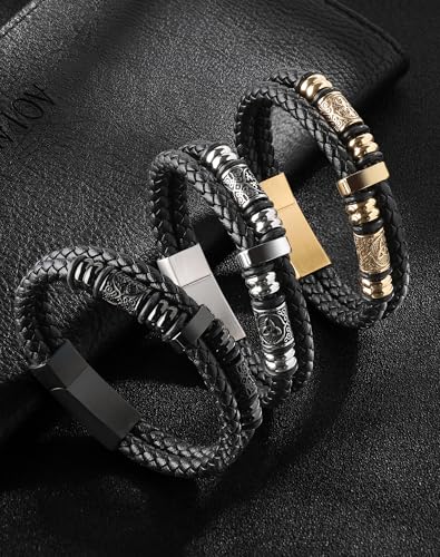 Mens Cuff Viking Bracelet - Celtic Knot and Compass 316L Stainless Steel Leather Bracelets for Men - Double Row Punk Jewelry2