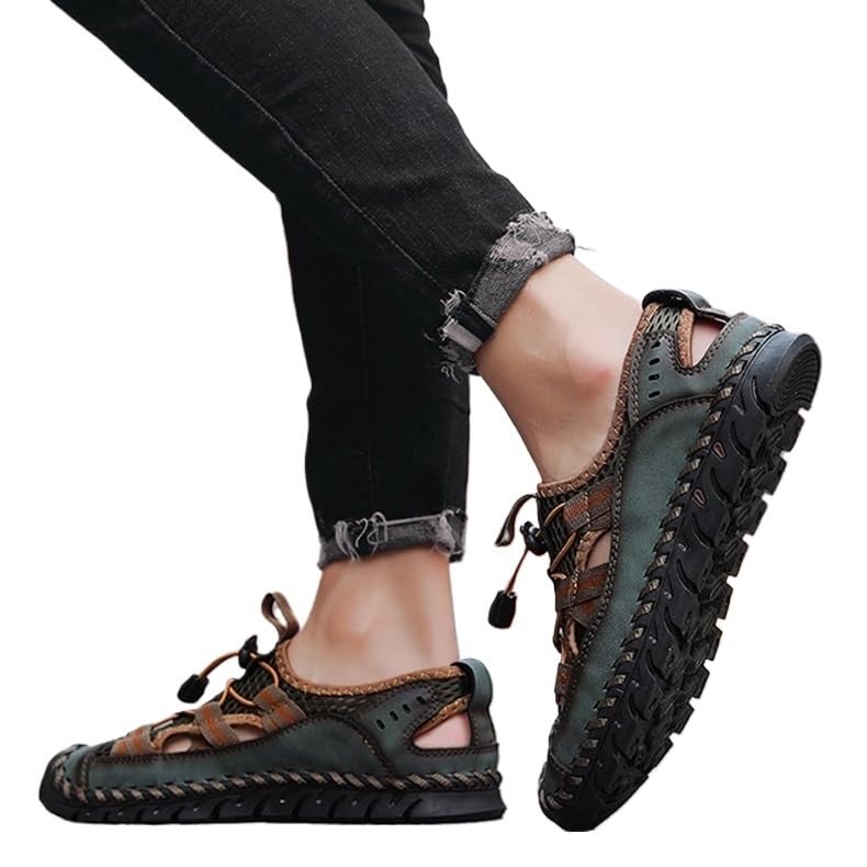 Leather Men Sandals Handmade Green Casual Shoes Platform Outdoor Men's Beach Sandals