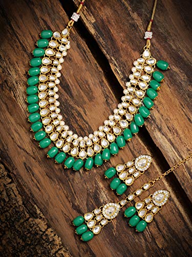 Women's Kundan & Dangling Green Beads Necklace Set