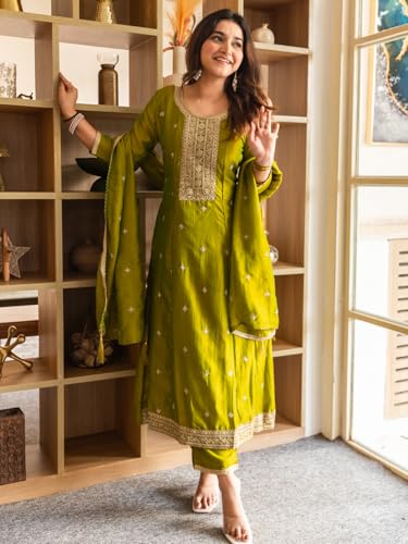 Image of VredeVogel Women's Silk Blend Embroidered Anarkali Kurta with Pant & Dupatta Set | Festive & Casual Women Ethnic Kurta Set for Women